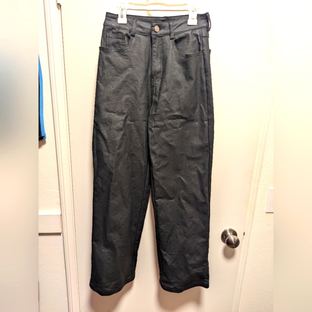 Juny Faux Leather High Rise Wide Leg Anklet Pant